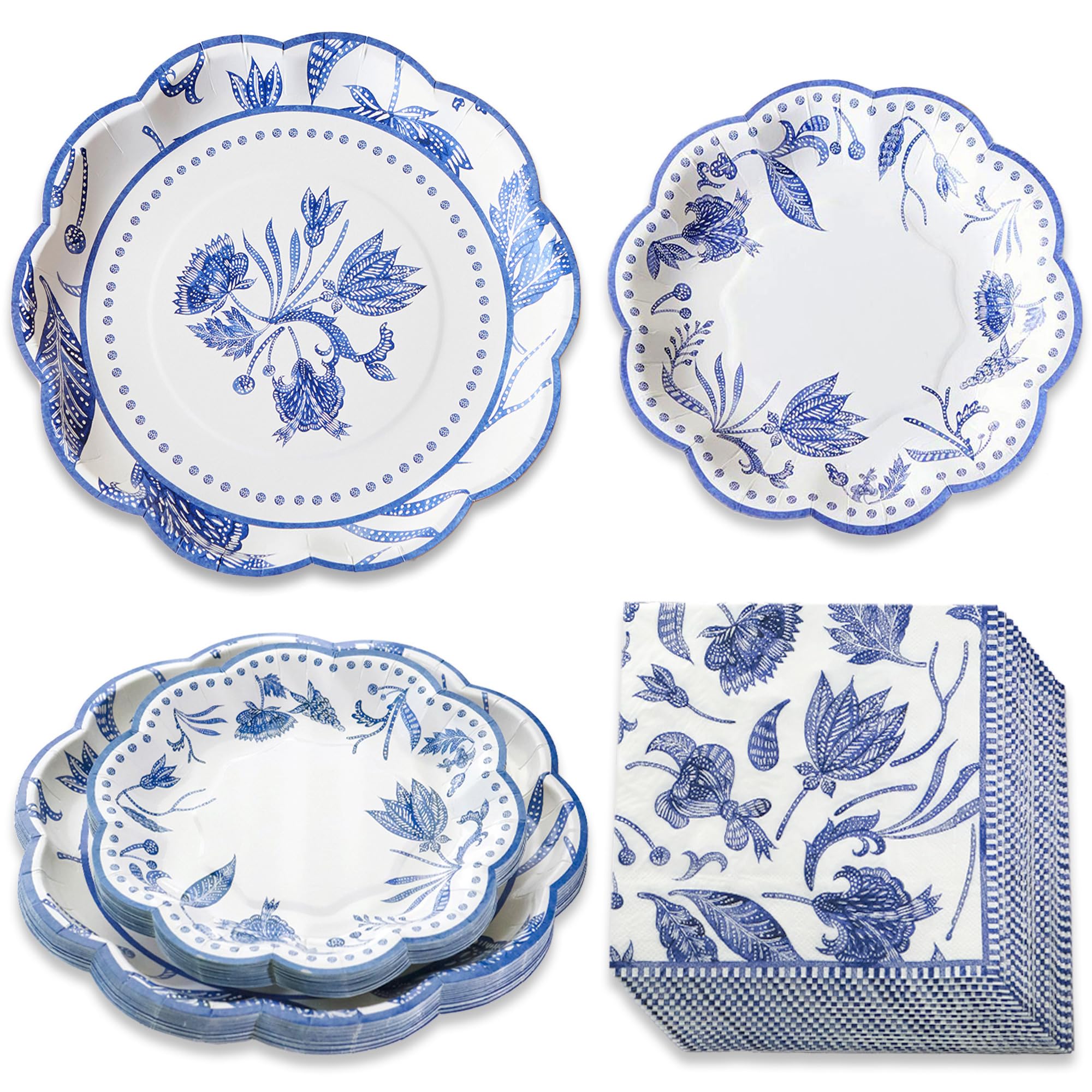 Kate Aspen Blue Willow 62pc Paper Plates Napkins, 16pcs 7 inch & 16pcs 9 inch Heavy Duty Disposable Party Plates, 30pcs 6.5 inch Durable Paper Napkins for Birthday, Baby Shower, Wedding Party