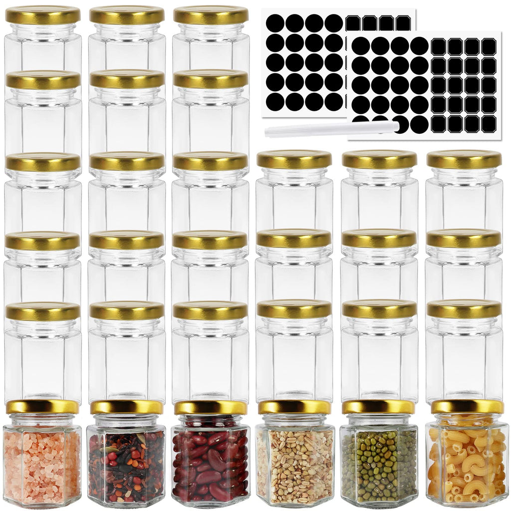 BIGIVACA 30 Pack 3 oz (90 ml) Hexagon Glass Jars with Gold Lids – Clear Mini Mason Jars for Canning, Honey, Jams, Herbs, Wedding Favors, Crafts – Includes 1 Pen + 80 Labels