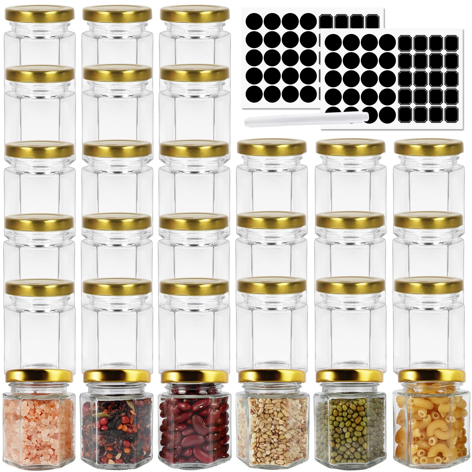 BIGIVACA 30 Pack 3 oz (90 ml) Hexagon Glass Jars with Gold Lids – Clear Mini Mason Jars for Canning, Honey, Jams, Herbs, Wedding Favors, Crafts – Includes 1 Pen + 80 Labels