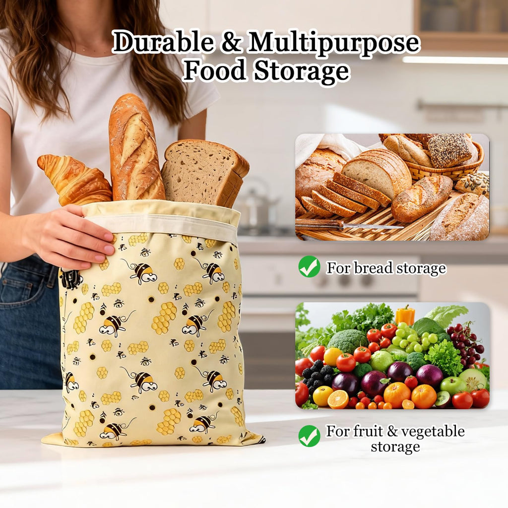 2 Pack Reusable Beeswax Bread Bags, Natural Beeswax-Lined Cotton Bread Bags for Homemade Sourdough Bread, Large Storage Bags to Keep Bread Fresh for Freezer, Plastic-Free Storage, Washable