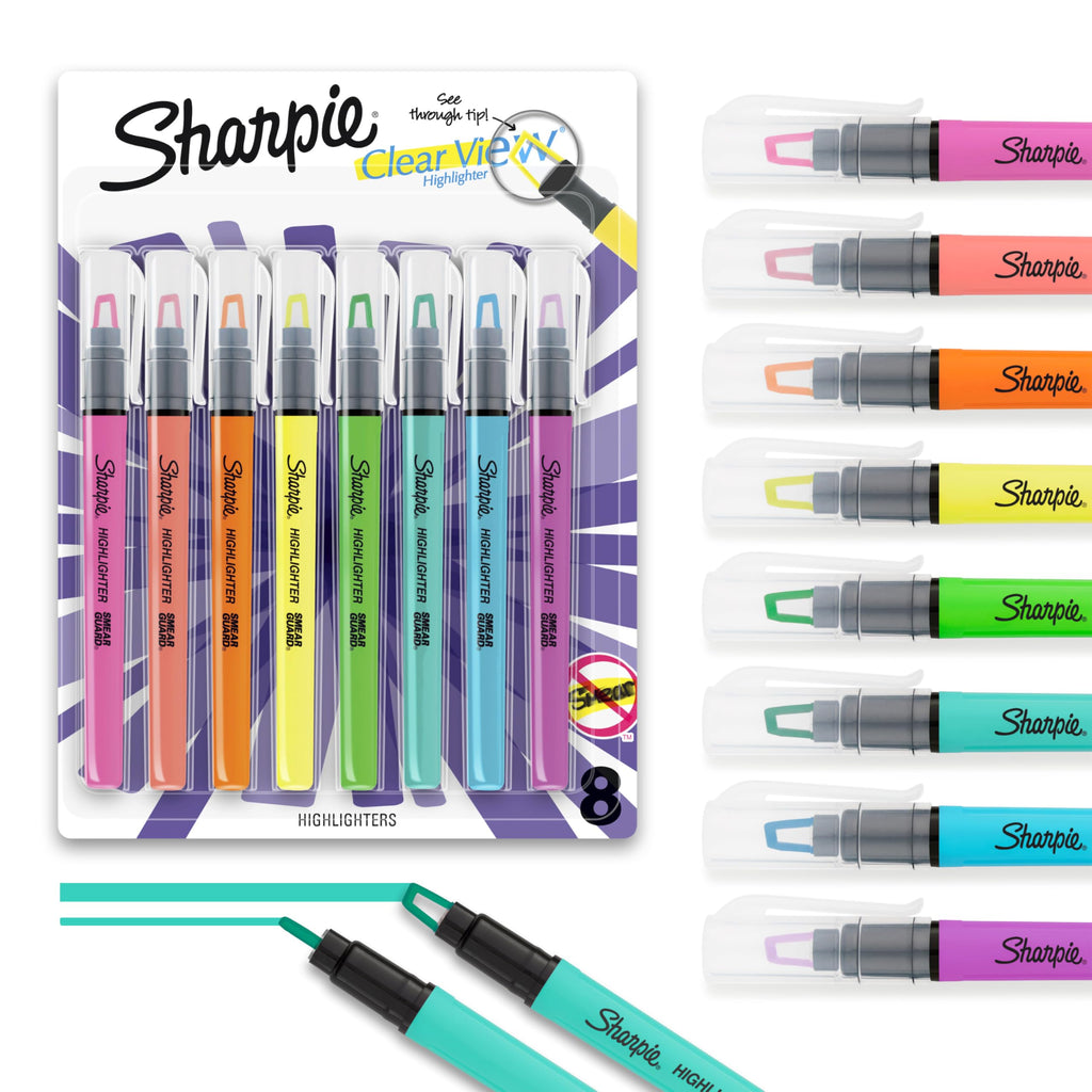 Sharpie Highlighter, Clear View Stick Highlighter with See-Through Chisel Tip, Assorted, 8 Count