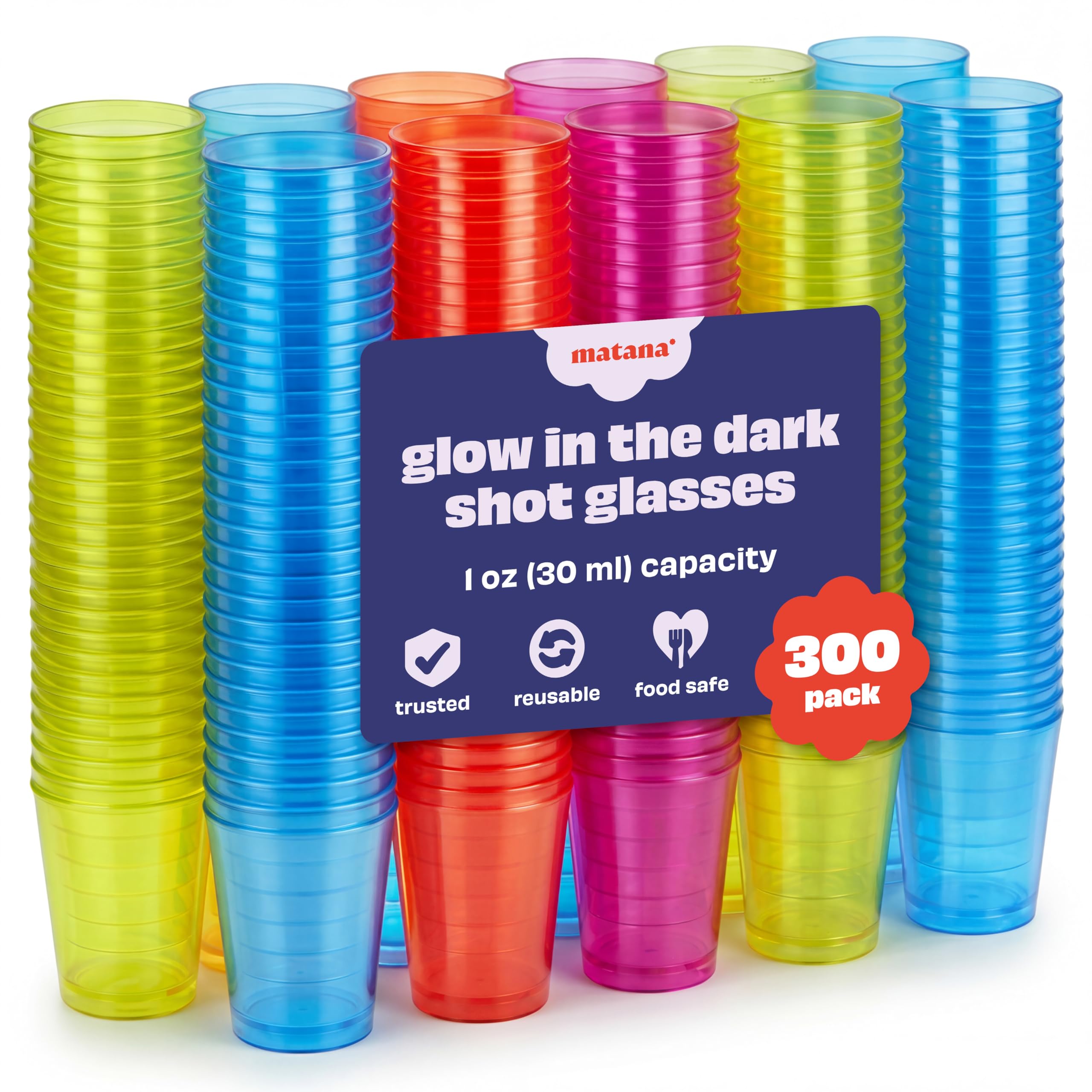 MATANA 300 Plastic Shot Glasses, Neon (30ml / 1oz) - Reusable - Shot Glasses Plastic, Shot Glass, Jelly Shots, Sample Tasting Cups - Shot Cups for Parties, Birthdays, Weddings, Stag, Hen Parties