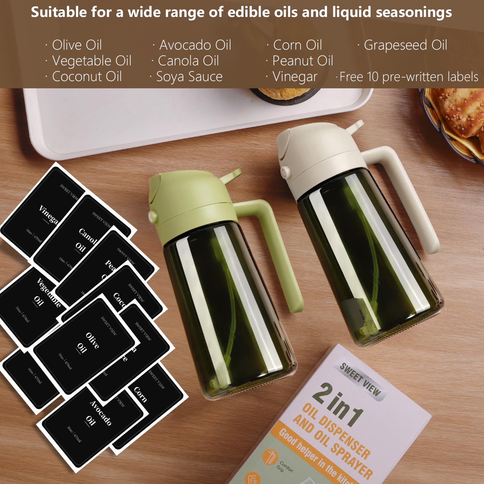 SWEET VIEW 2PCS Olive Oil Dispenser and Oil Sprayer – 16oz/470ml Glass Light-Proof Oil Pourer for Kitchen with Stickers for Air Fryer, Cooking, Salad, and BBQ