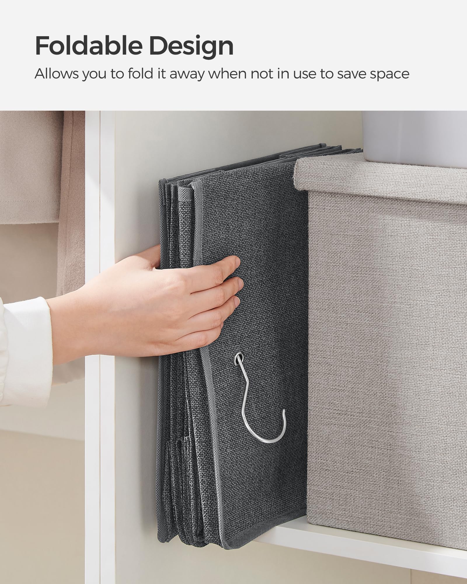 SONGMICS Hanging Closet Organizer, Set of 2, Hanging Storage Shelves, Space-Saving and Foldable, Metal Hooks and Bamboo Inserts, Gray
