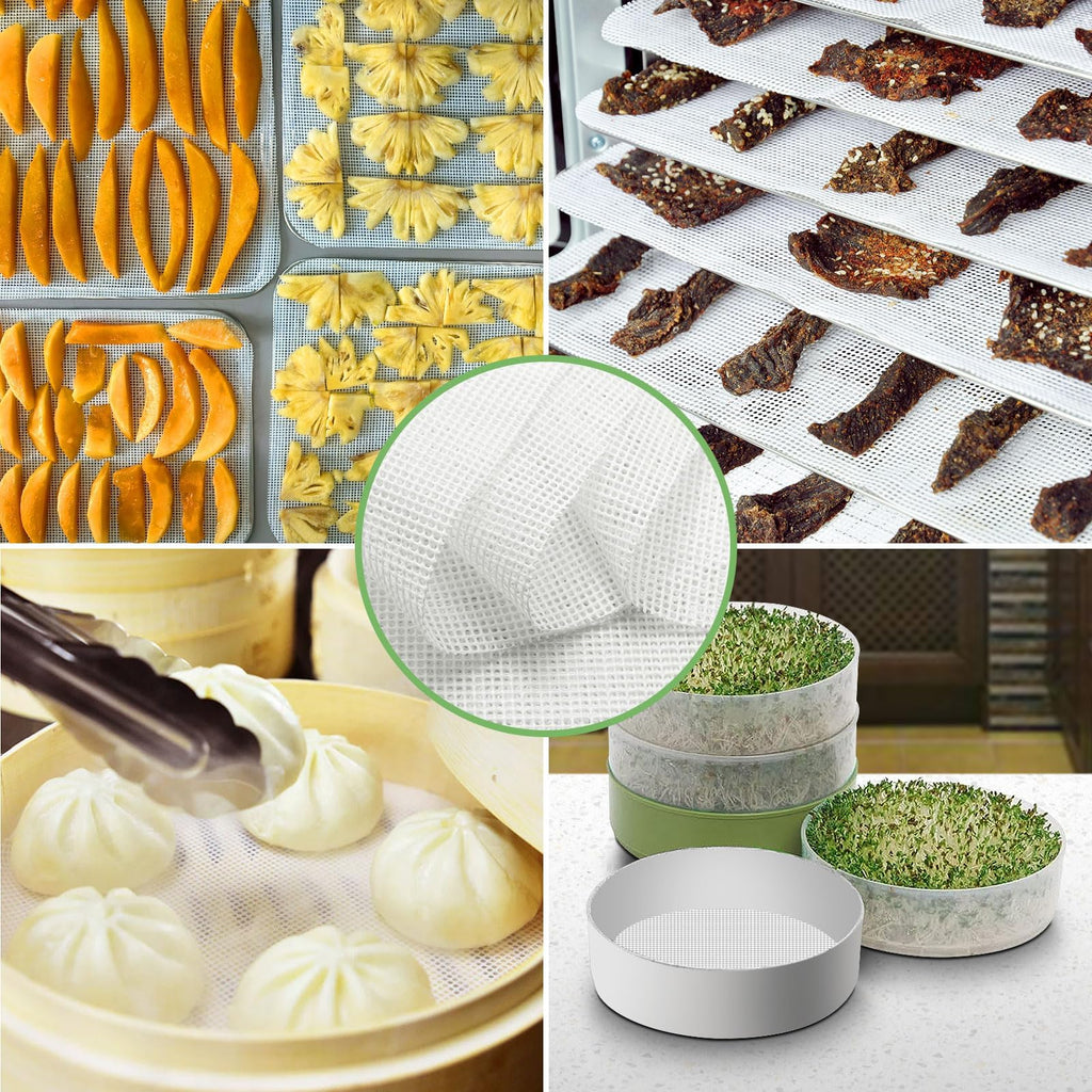 Narcilors 12 Pcs 14x14 Inch Silicone Reusable Dehydrator Sheets Food Fruit Dryer Mesh Dehydrator Trays Fine Mesh Non Stick Dryer Mats for Meat Herbs Cooking Baking