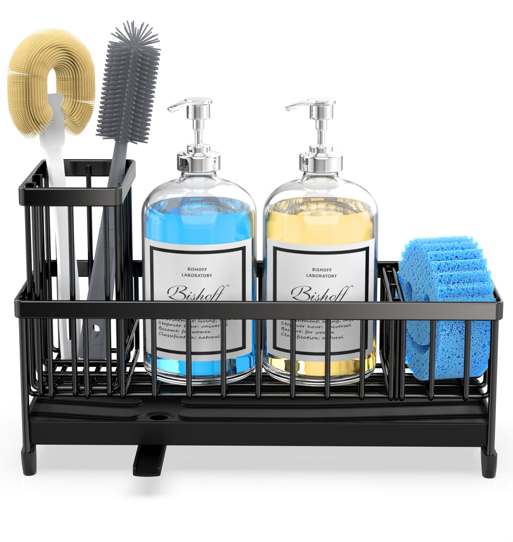 Moforoco Larger Sponge Holder for Kitchen Sink, Sink Caddy with High Brush Holder, Kitchen Sink Organizer Countertop Rustproof 304 Stainless Steel (Black)