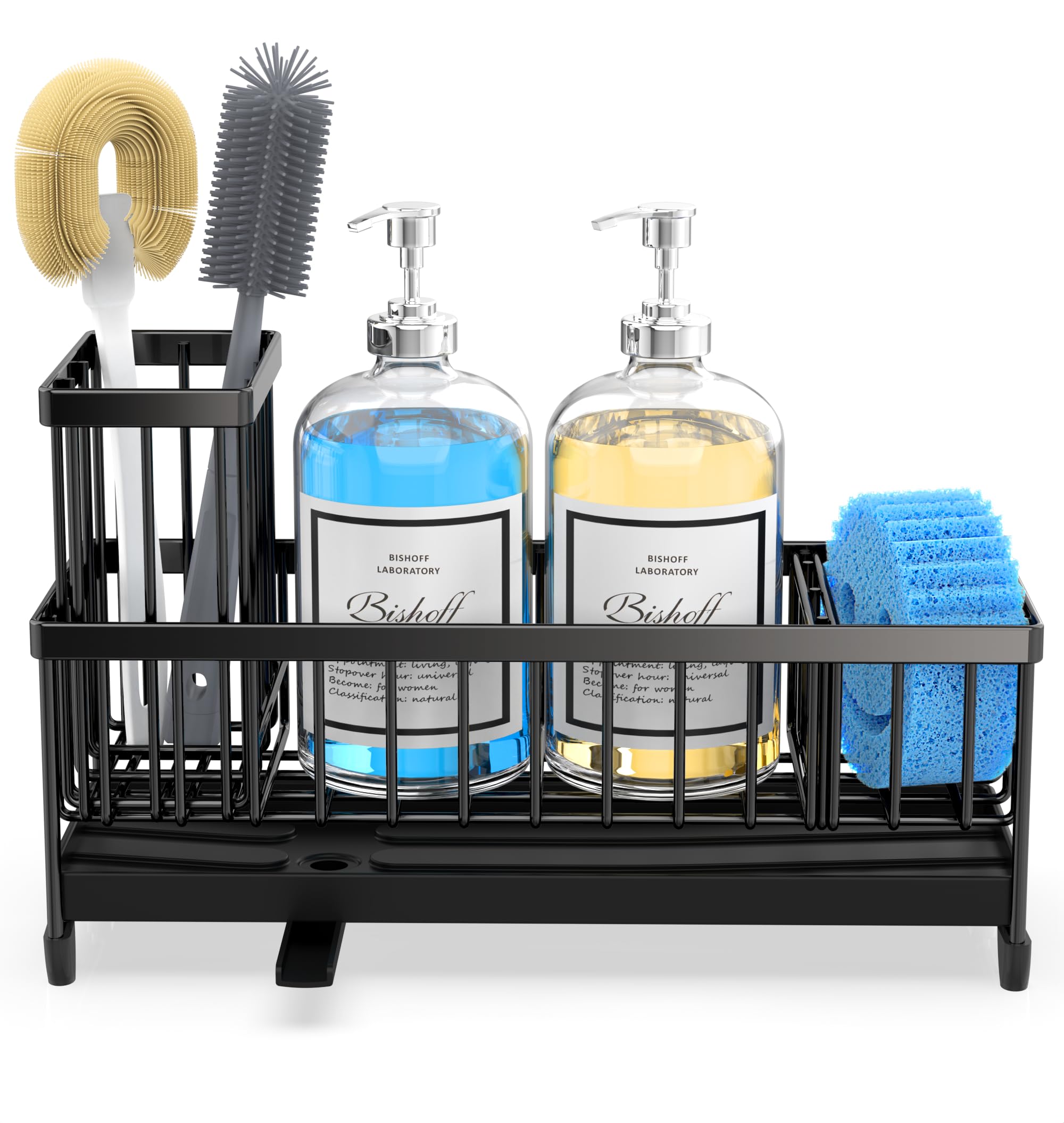 Moforoco Larger Sponge Holder for Kitchen Sink, Sink Caddy with High Brush Holder, Kitchen Sink Organizer Countertop Rustproof 304 Stainless Steel (Black)