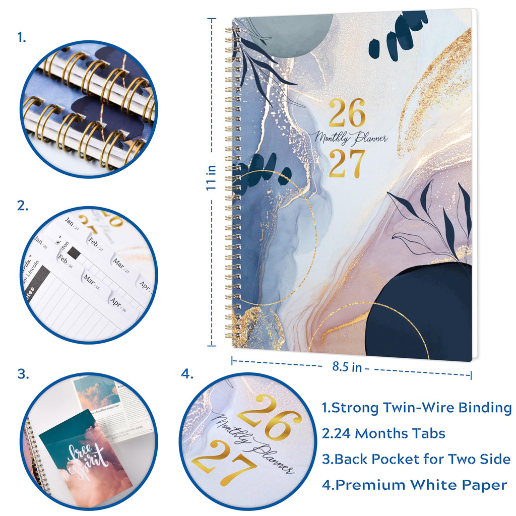 2026-2027 Monthly Planner - JAN 2026 - DEC 2027, 8.5" x 11" 24 Monthly Planner 2026-2027, Calendar Planner with Tabs, Inner Pocket, Thick Paper - Leaf Sand