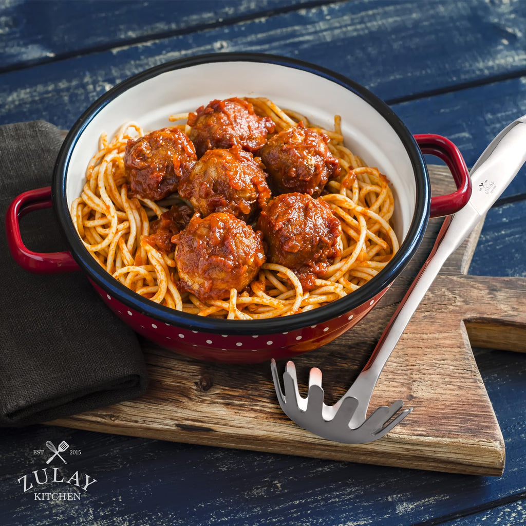 Zulay Kitchen Pasta Server - Durable Food Grade Stainless Steel Pasta Spoon Server with Ergonomic Handle & Heat Resistant Design - Kitchen Spaghetti Server Fork for Noodles, Pasta, & More (12 inch)