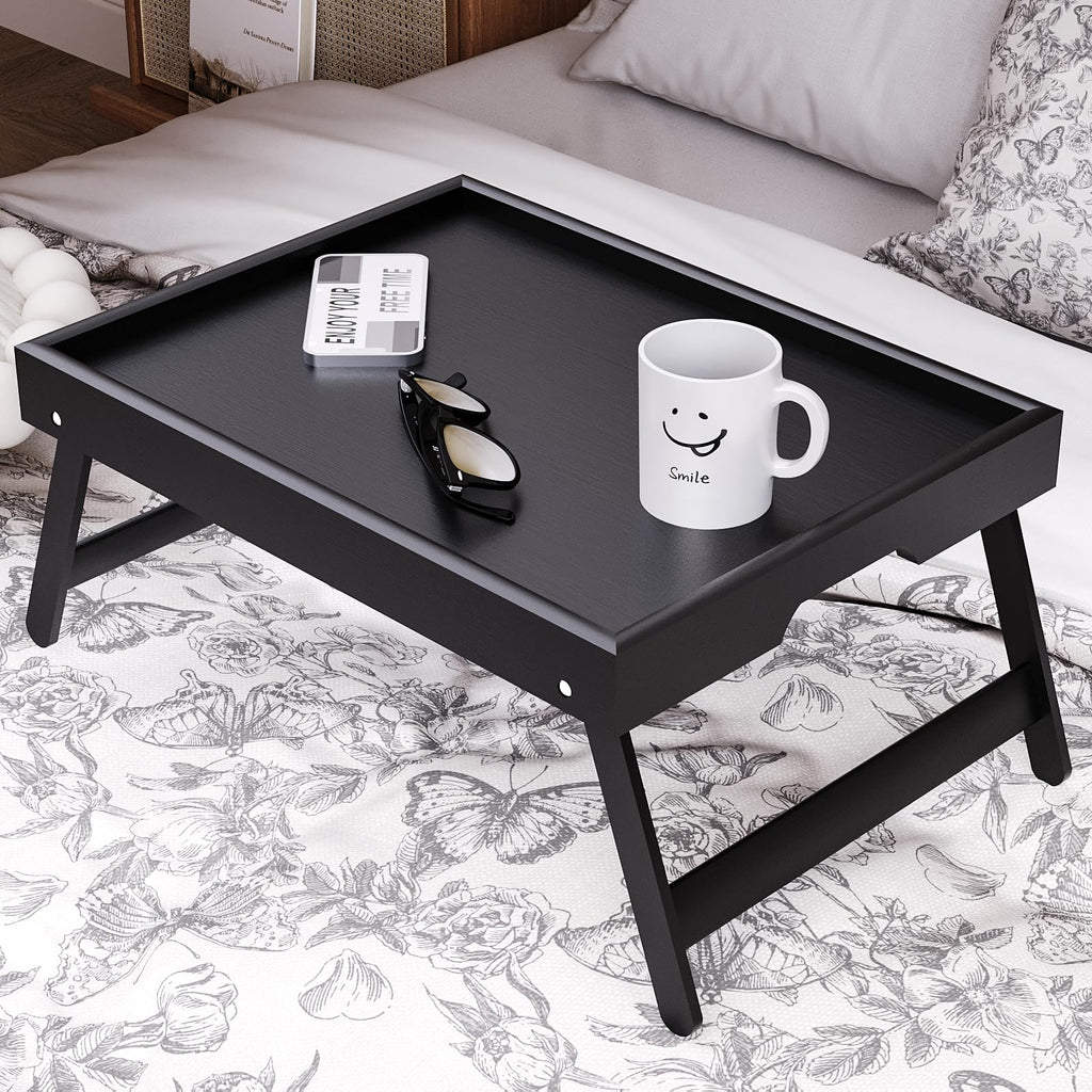 Bamboo Bed Table Tray with Foldable Legs, Large Breakfast Bed Tray with Handles for Food, Snack Small Laptop (Black)