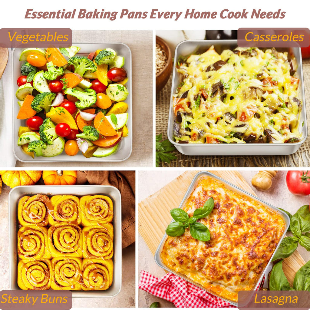 9 x 9-Inch Baking Pan, E-far Square Cake Brownie Baking Pans Stainless Steel Bakeware Set of 2, Fits in Small Toaster Oven, Non-Toxic & Dishwasher Safe
