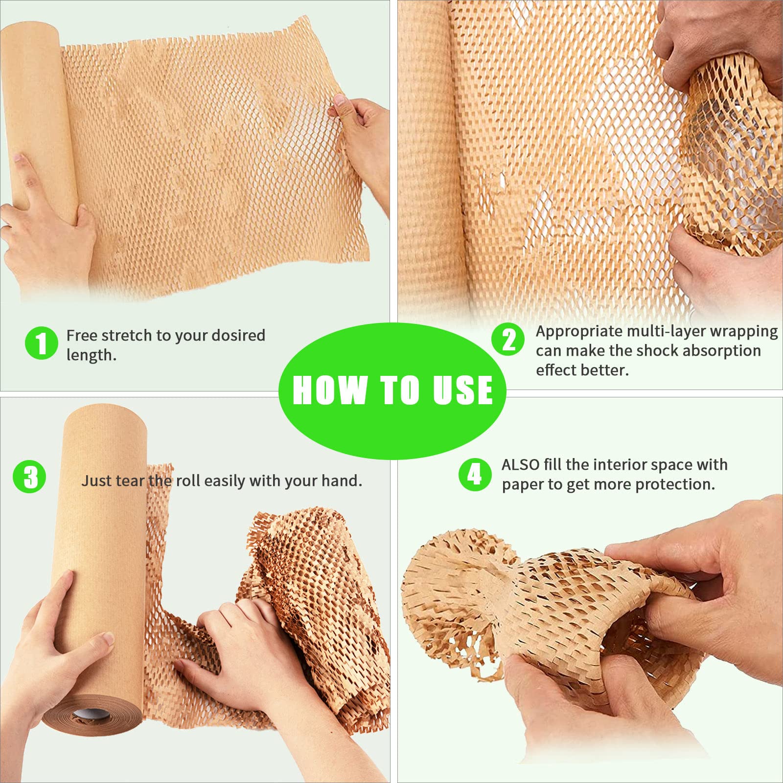 Honeycomb Packing Paper, MINHAO 15"x230' Eco Friendly Packing Paper for Moving Recyclable Honeycomb Paper Moving Supplies Bubble Wrapping Protective Roll, With 36 Fragile Sticker Labels