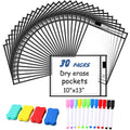 30 Pcs Reusable Dry Erase Pockets Sleeves, 10" x 13" Job Ticket Holders, Clear Dry Erase Sheet Protectors with 12 Pen and 4 Erasers for Office School Classroom & More, Black
