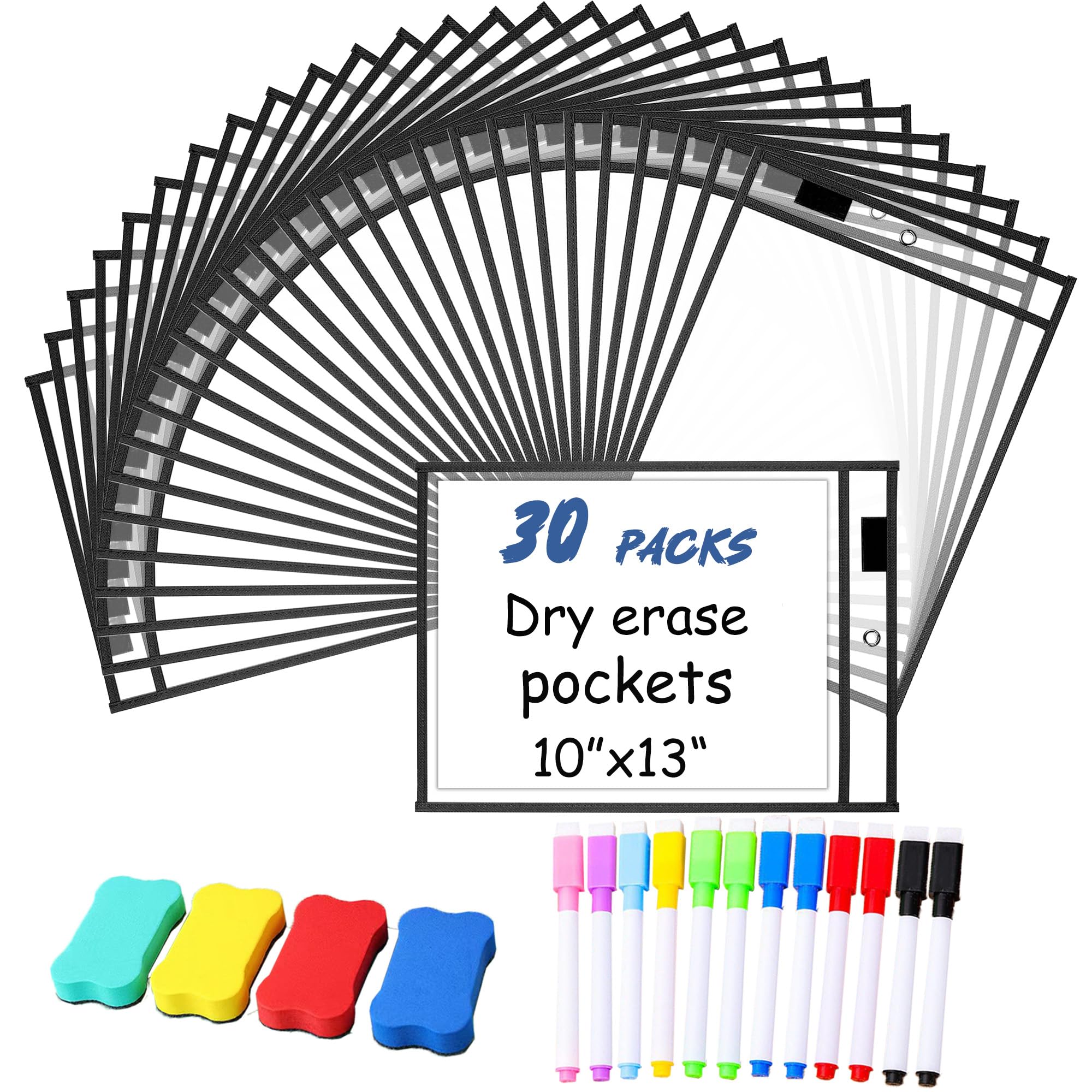 30 Pcs Reusable Dry Erase Pockets Sleeves, 10" x 13" Job Ticket Holders, Clear Dry Erase Sheet Protectors with 12 Pen and 4 Erasers for Office School Classroom & More, Black