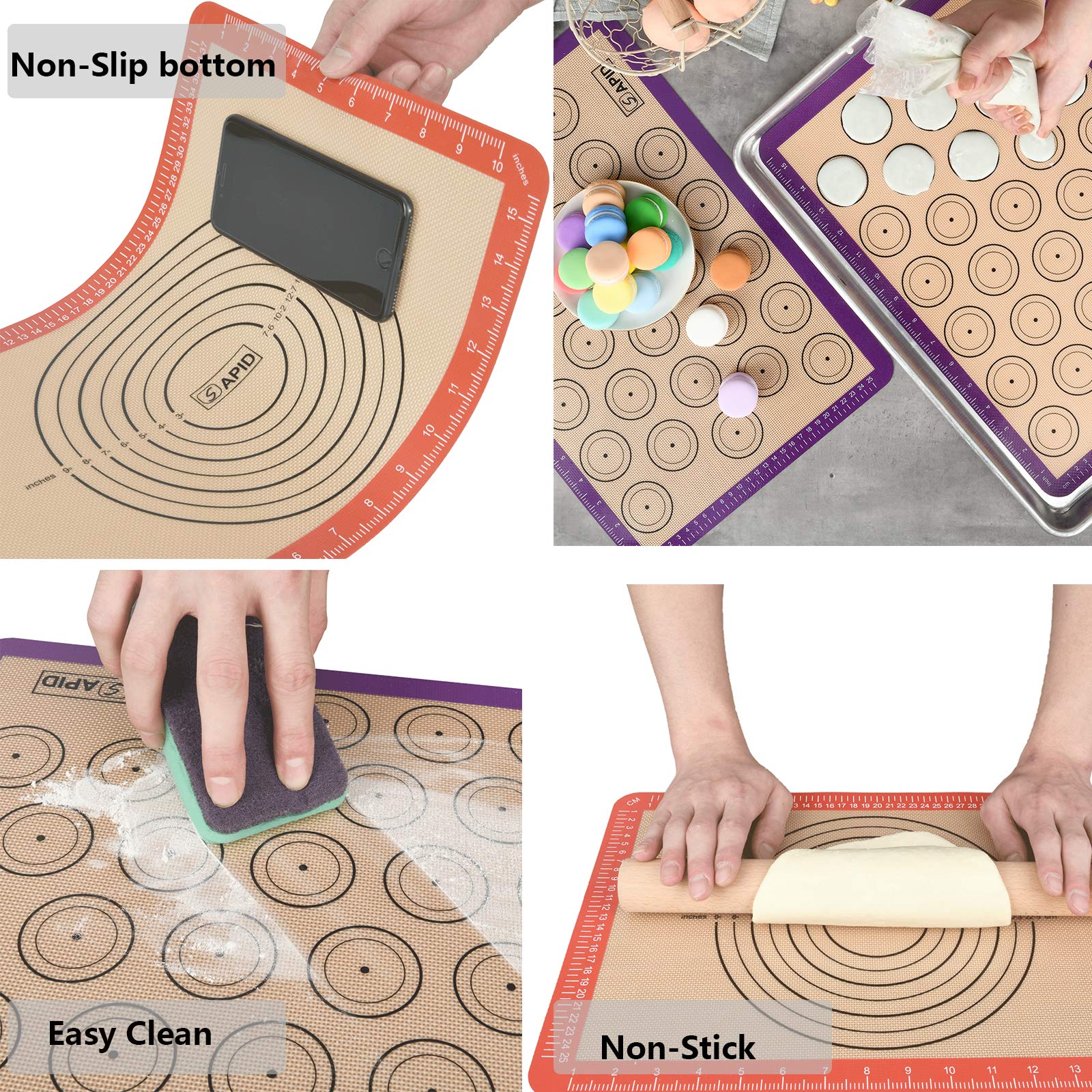 Sapid 4 Pieces Silicone Baking Mats with Measurement, Resuable Non-Stick Silicon Baking Sheet Liners for Oven Pan, Macaron/Cookies Making, Heat- Resistance Countertop Mat (2 Half + 2 Quarter Sizes)