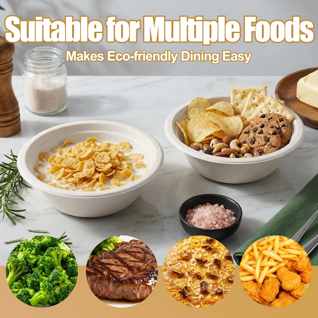 TaidMiao 12 oz Disposable Biodegradable Paper Bowls, Microwave Safe Sugarcane Fiber Bowls for Hot Soup Salads Fruit, Eco-Friendly White Bowls for Parties & Daily Use, 100 Count