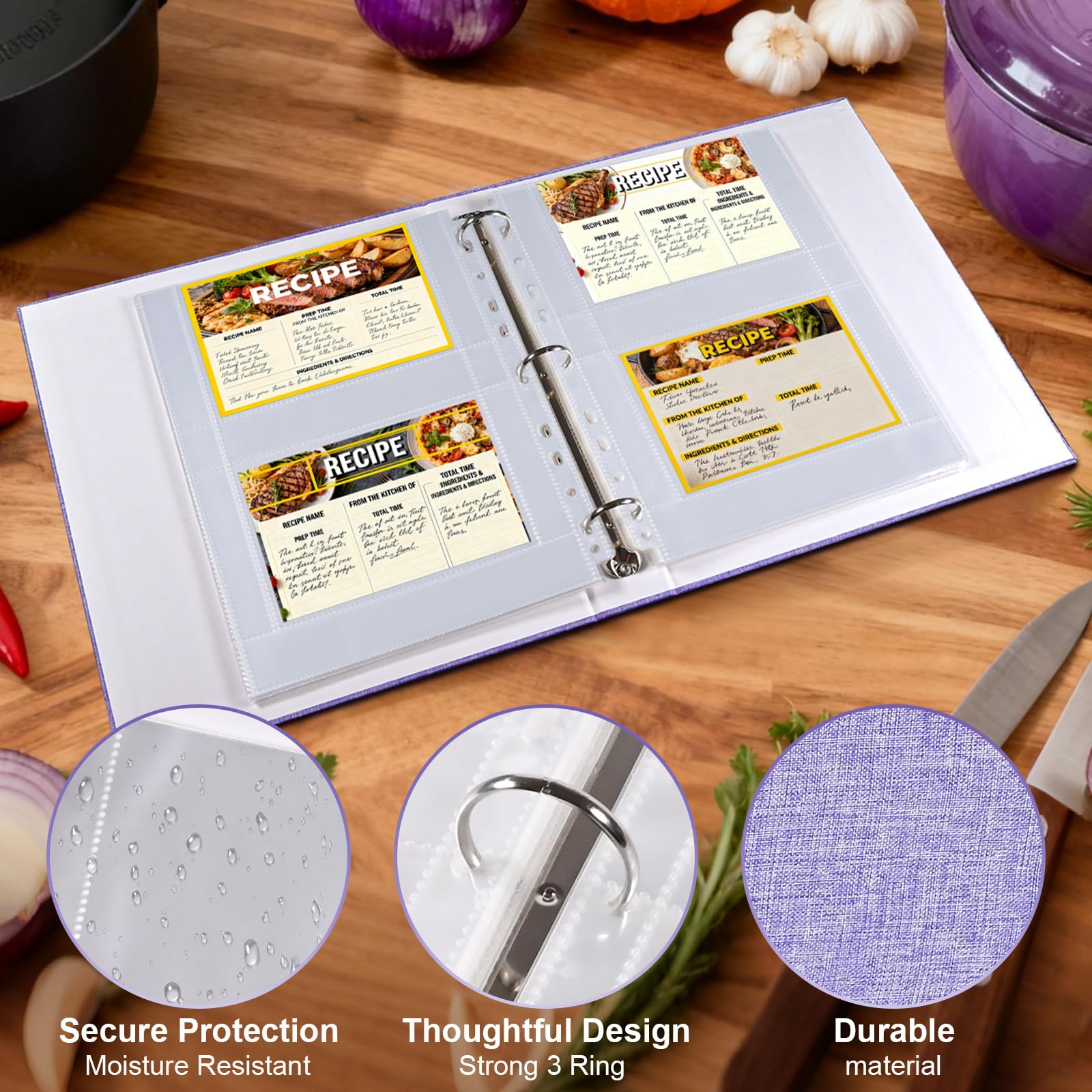 30 Pack 120 Pockets 4x6 Recipe Card Sleeves,3 Ring Binder Recipe Card Protector Pages，Double Sided 2 Pocket Refill Sheets for Recipe Book, 8.5x11 Inch Top Loading Clear Sleeve Sheets