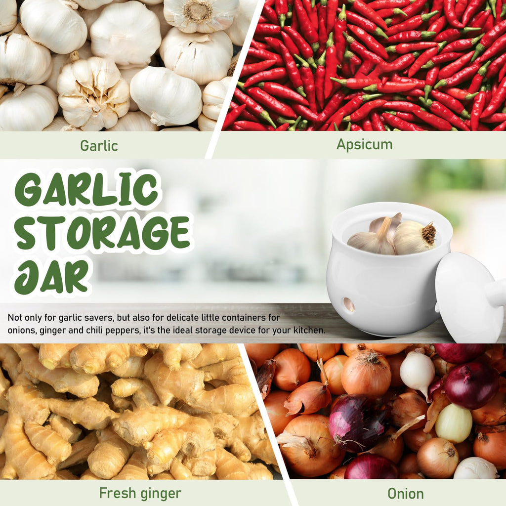 Ceramic Garlic Keeper for Counter, Garlic Holder Storage Jar with Lid, Vented Ginger Potato and Onion Storage Containers for Kitchen Countertop Decor (White)