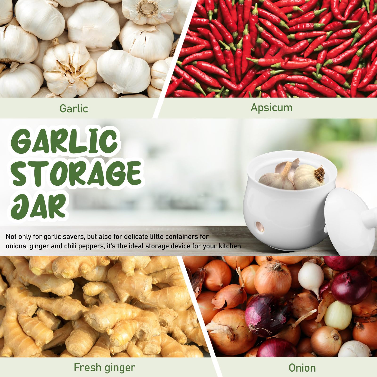 Ceramic Garlic Keeper for Counter, Garlic Holder Storage Jar with Lid, Vented Ginger Potato and Onion Storage Containers for Kitchen Countertop Decor (White)