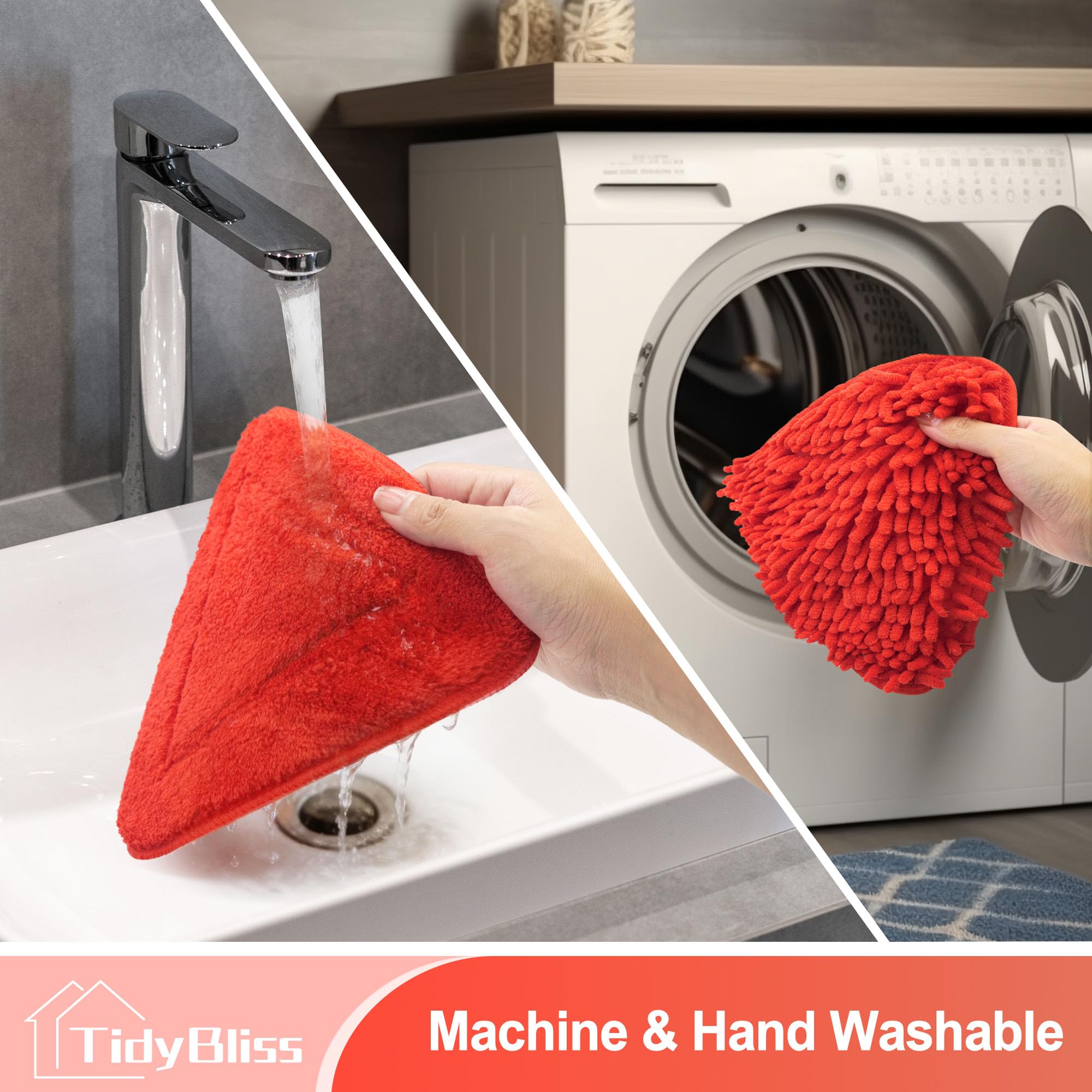 TidyBliss Wall Cleaning Mop with Long Handle 80”, Ceiling Duster Scrubber with 360° Swivel Collapsible Head, Baseboard Cleaner Tool with 3 Chenille and 3 Microfiber Pads for Windows Floor (Red)