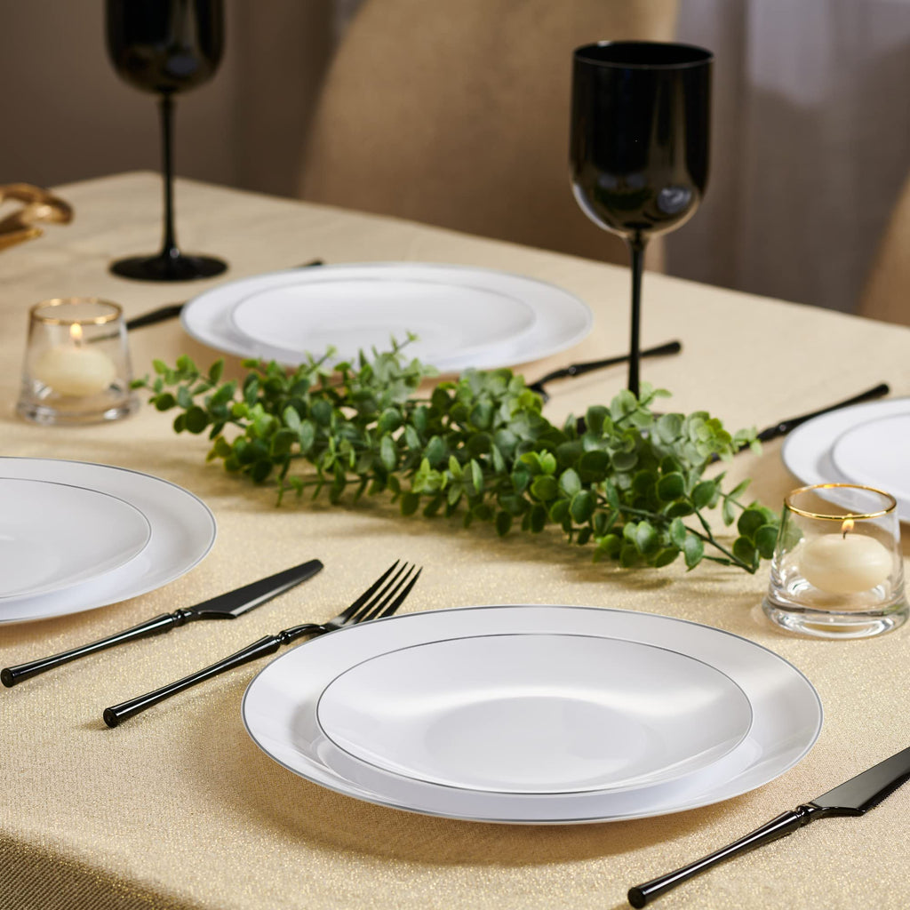 PLASTICPRO 32 Piece Combo Plates Set includes 16-7'' inch Plate & 16-10'' inch Plates White Plates with Silver Rim Plastic PartyPlate Premium heavyweight Elegant, Disposable, Tableware, Dishes,