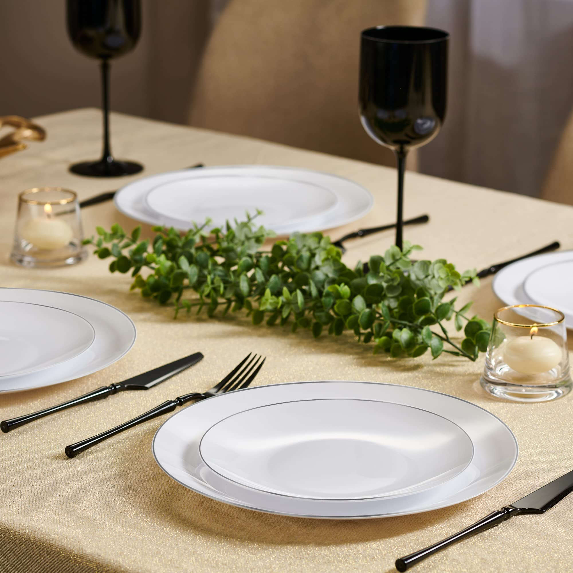 PLASTICPRO 32 Piece Combo Plates Set includes 16-7'' inch Plate & 16-10'' inch Plates White Plates with Silver Rim Plastic PartyPlate Premium heavyweight Elegant, Disposable, Tableware, Dishes,