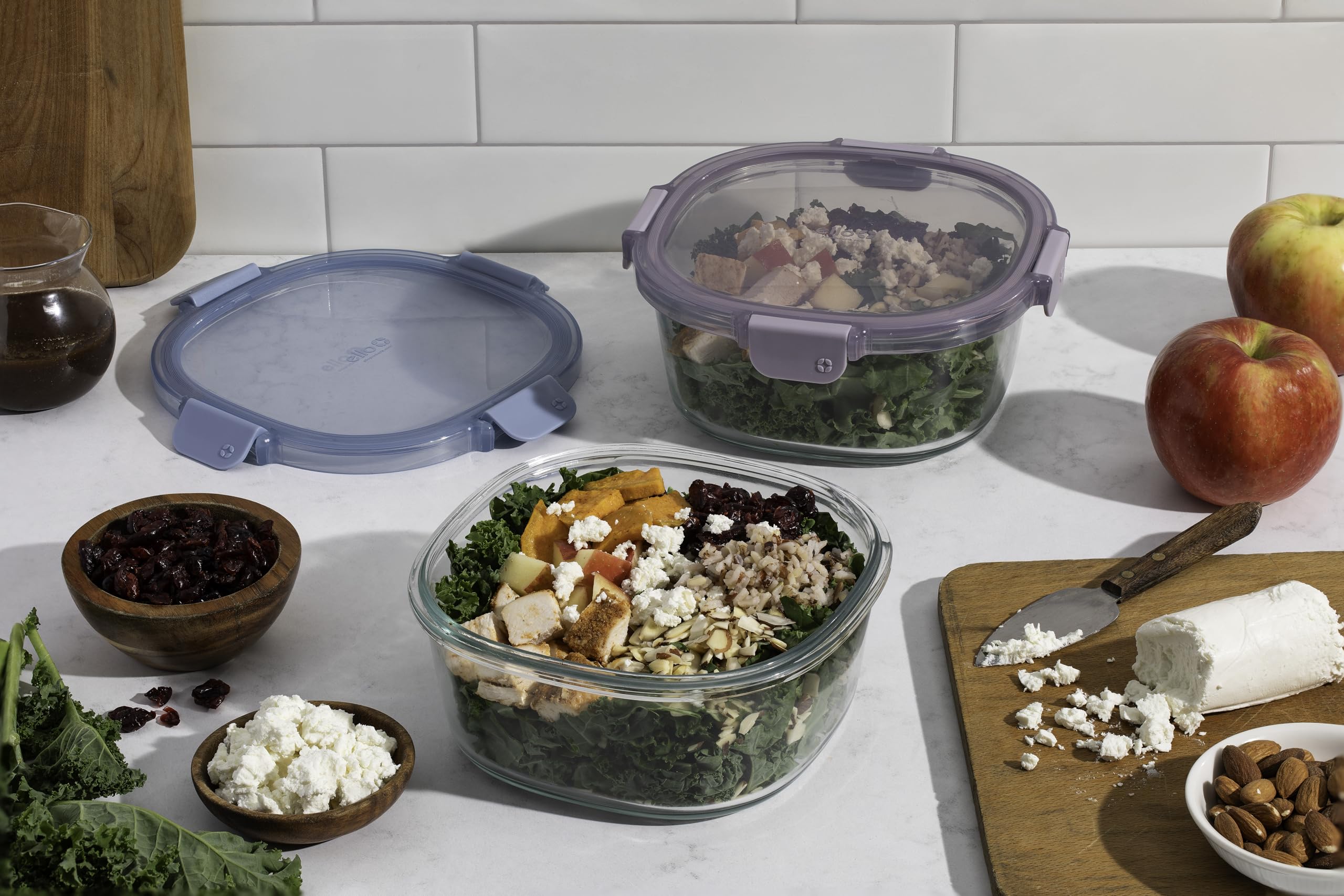 Ello Color Lock 7 Cup 4PC, 2 Pack Glass Meal Prep Sets Leak-Proof Glass Food Storage Containers with Airtight BPA-Free Plastic Lids, Dishwasher, Microwave, and Freezer Safe, Desert Festival