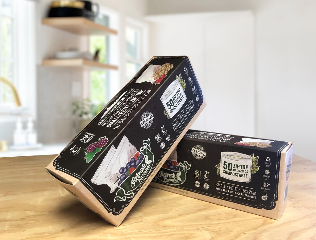 Refresh Packaging 100% Certified Small Size Zipper Locking Bags - 2 Boxes of 50 Compostable Bags Perfect as a Freezer Bags per Box, And Storage Bag - Small Size - 100 bags Total
