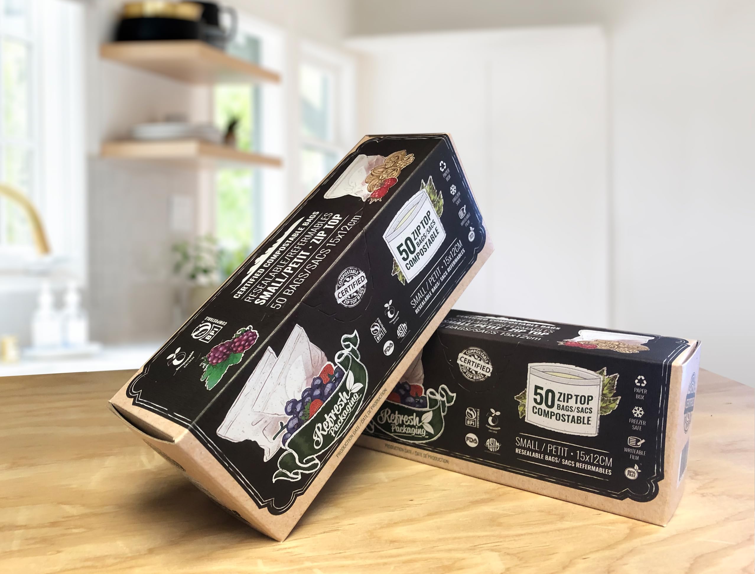 Refresh Packaging 100% Certified Small Size Zipper Locking Bags - 2 Boxes of 50 Compostable Bags Perfect as a Freezer Bags per Box, And Storage Bag - Small Size - 100 bags Total