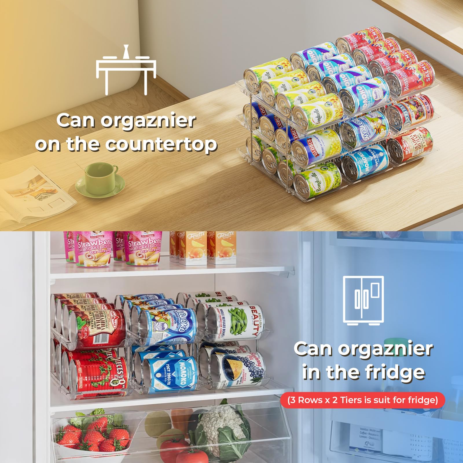 BingoHive Can Organizer for Pantry Stackable 3 Tiers Can Storage Organizer Pantry Soda Can Organizer for Fridge 36 Cans Rack Automatic Rolling Canned Food Organizer for Refrigerator Kitchen Clear