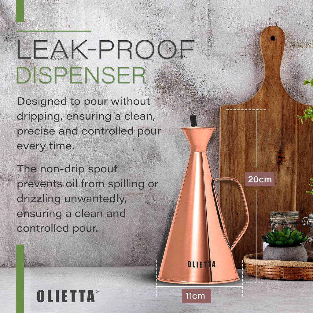 Olietta Oil Dispenser Stainless Steel Non Drip Leak Proof No Mess Olive Oil & Vinegar Pourer & Kitchen Drizzler Bottle 500ML 0.5 Litre Great for Pouring & Drizzling Easy to Clean & Leakproof