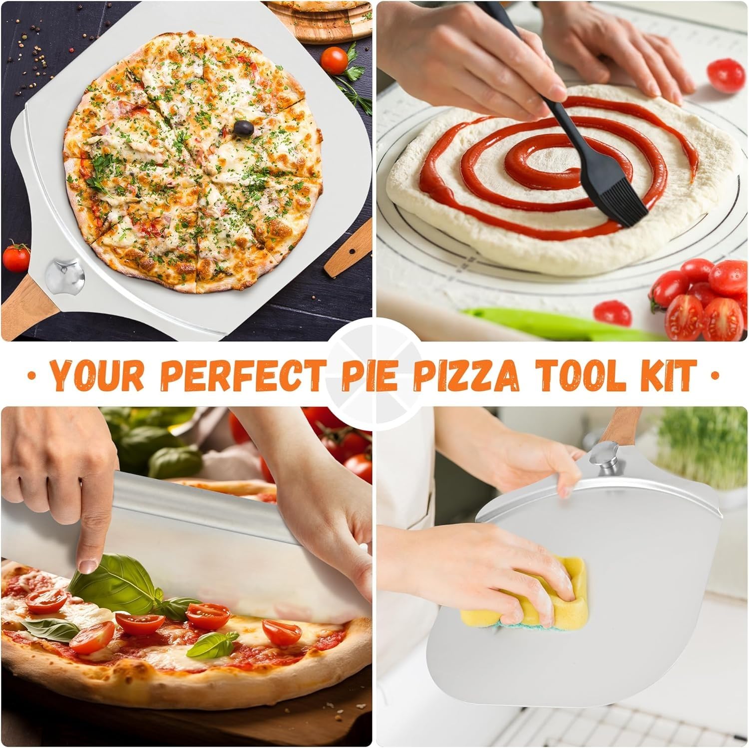 Professional Aluminum Pizza Peel, 30.5 x 35.5 cm Metal Paddle with Foldable Wood Handle and Rocker Cutter for Baking Homemade Pizza and Bread