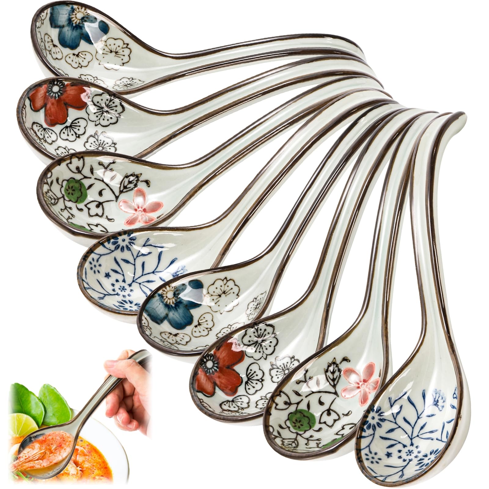 Cididu 8 Pcs Asian Ceramic Soup Spoons, Japanese Ramen Spoon with Long Curved Handle, Chinese Soup Spoon, Porcelain Tablespoon, Kitchen Serving Spoon for Miso, Noodles, Cereal, Wonton, Dumpling Rice