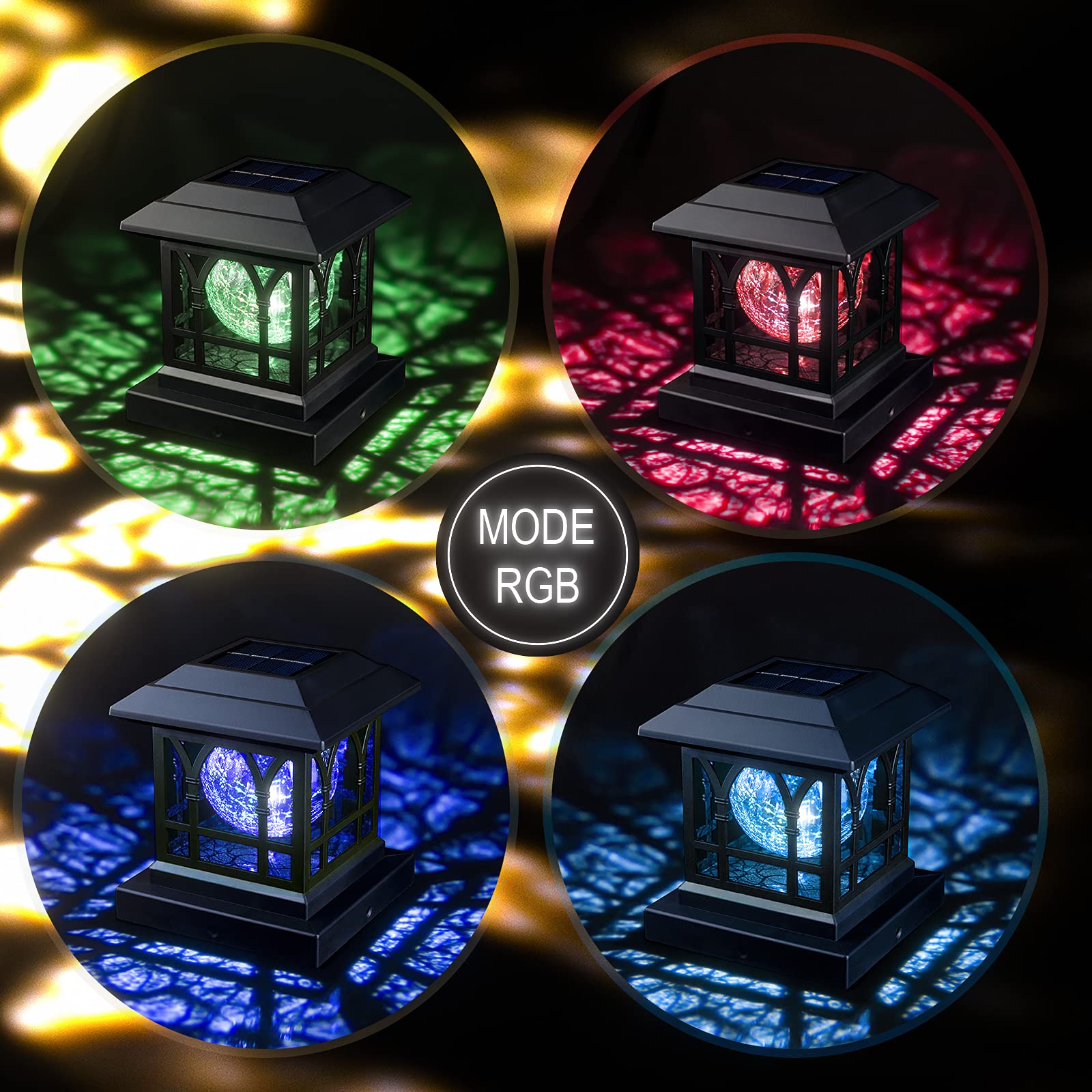 AEFRELEOHT Solar Post Cap Lights, Warm White & RGB Automatic Cycling, Cracked Glass Bulb, 20 Lumens lP65 Waterproof Fit 3.6x3.6 4x4 4.5x4.5 5x5 Wood Fence Post Solar Powered Lights Black (1 Pack)