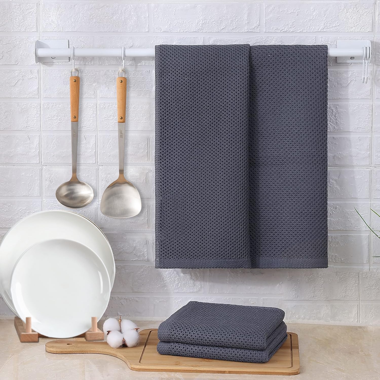 HYER KITCHEN 100% Cotton Waffle Weave Kitchen Dish Towels, Super Soft Absorbent Quick Drying Cleaning Towel, 13x28 Inches, 4-Pack, Dark Grey