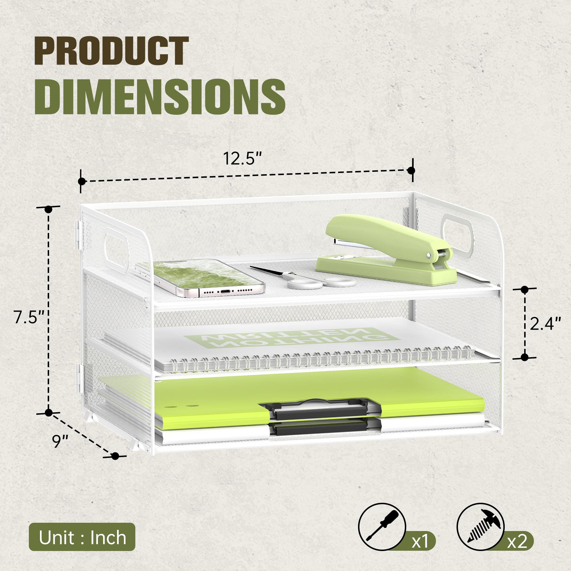 Daltack 3-Tier Paper Organizer with Handle, Mesh Desk Organizer Letter Tray, Paper Tray Organizer File Organizer for A4 File Folder, White