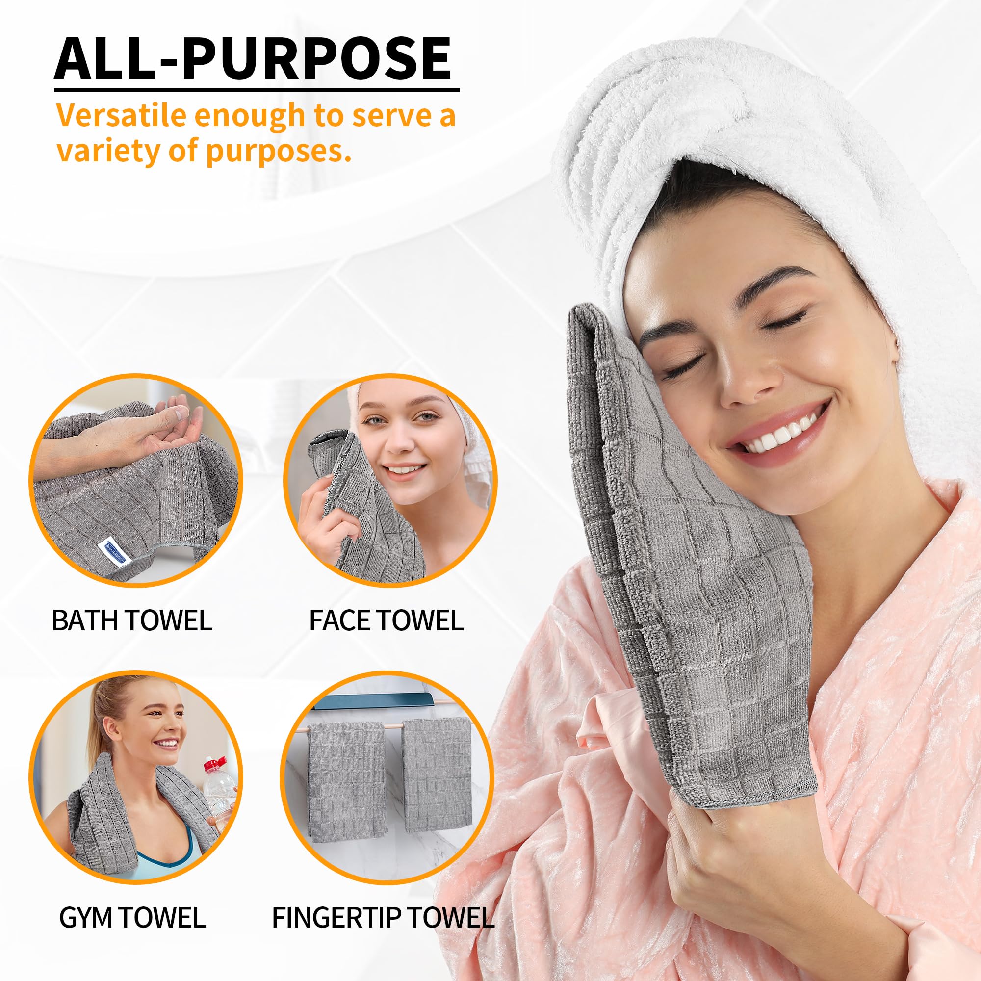 HOMERHYME Hand Towels, 12 Pack 25''*15'' Microfiber Bathroom Hand Towels, Grey All-Purpose Quick Dry Lint Free Soft Absorbent Bulk Checkered Washcloths Bath Towels for Travel Gym Hotel Kitchen Salon