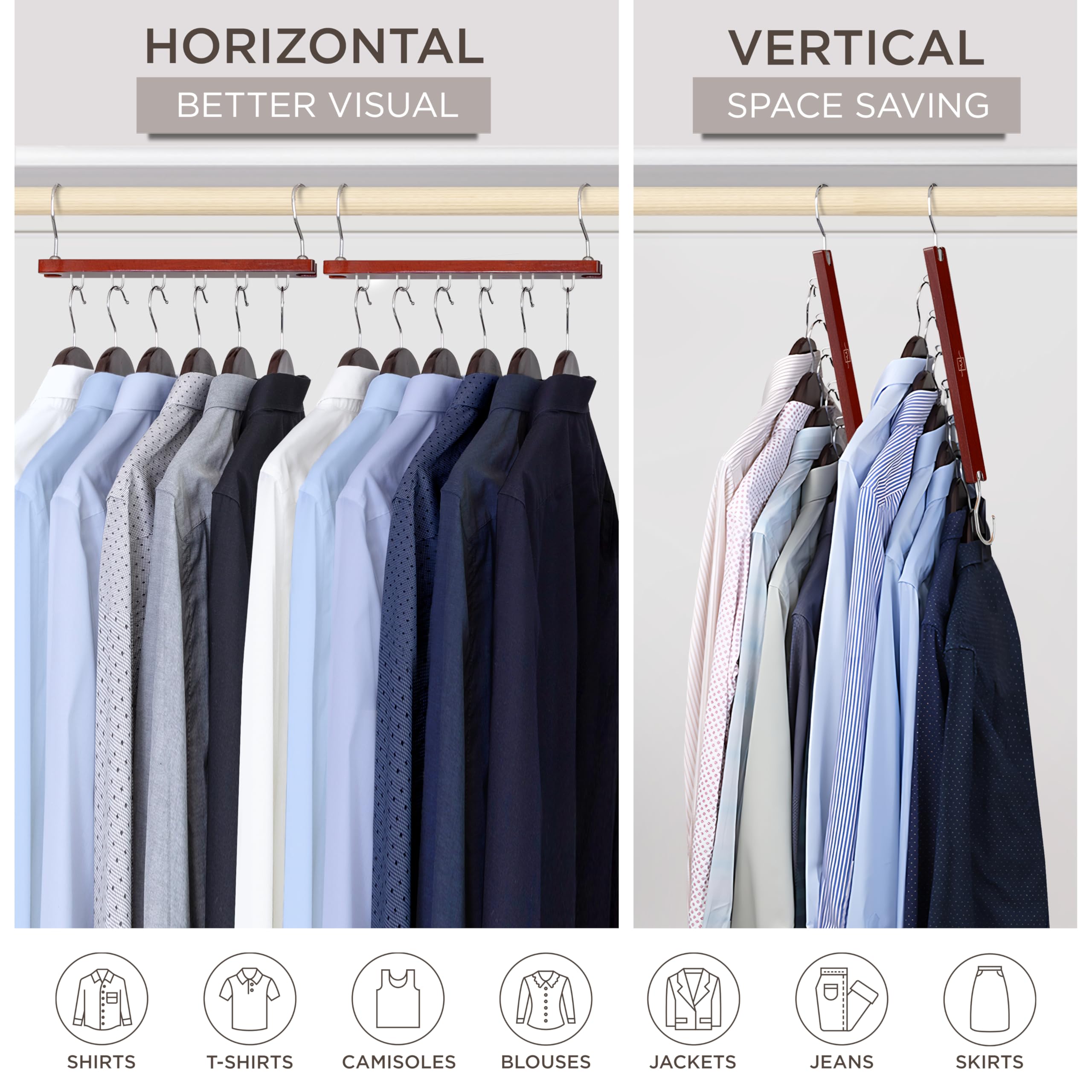 MORALVE Space Saving Hangers for Closet – 4 Pack European Beechwood 6-Tier Shirt Organizer with 360° Swivel Hook – Collapsible Clothes Hanger for Closet Organization (Hangers Not Included)