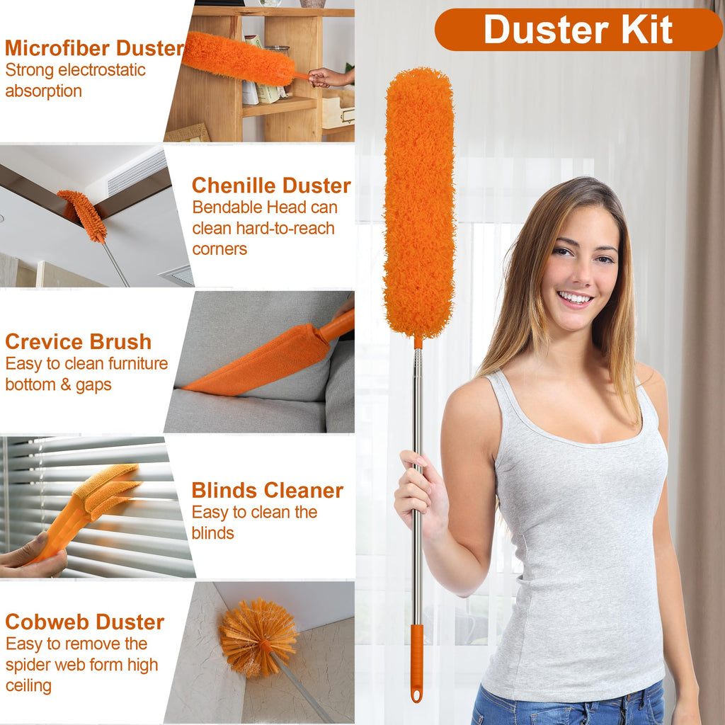 JEHONN Cobweb Duster with Extension Pole 96 inches, 8 PCS Extendable Long Handle Microfiber Feather Dust Remover, Telescoping Dusting Kit for Cleaning High Ceiling Fan, AC Vent House Exterior