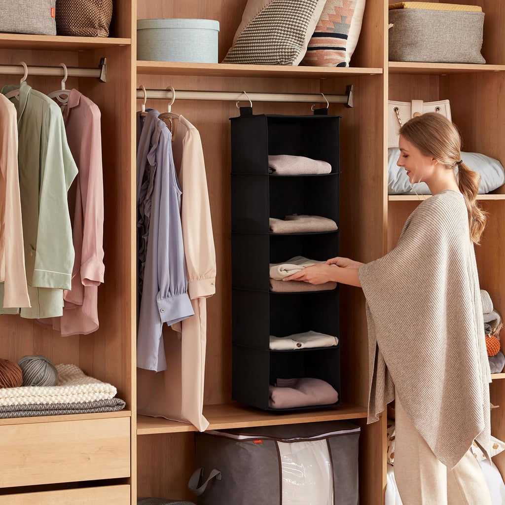 Lifewit Hanging Closet Organizer and Storage with 2 Sturdy Hooks, Rangement Garde Robe with Metal Hooks, Closet Shelf Hanging Wardrobe Organizers for Clothes, Towels, Shoes, 5 Shelves, 2 Pack, Black