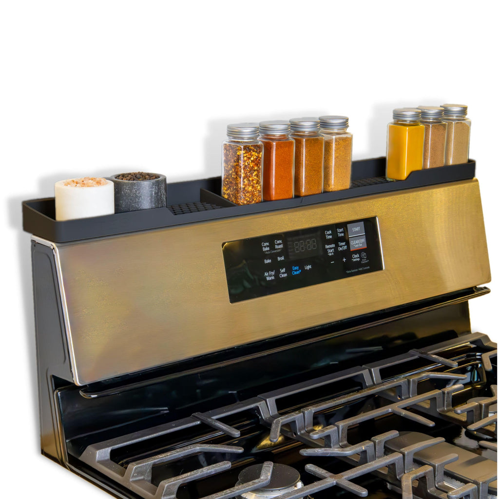TEO Magnetic Stove Top Shelf - 30 Inch Silicone Over the Stove Spice Rack for Kitchen Gadgets Storage Organization, Heat-Resistant, No Installation, Dishwasher Safe, Over Oven Shelf Black
