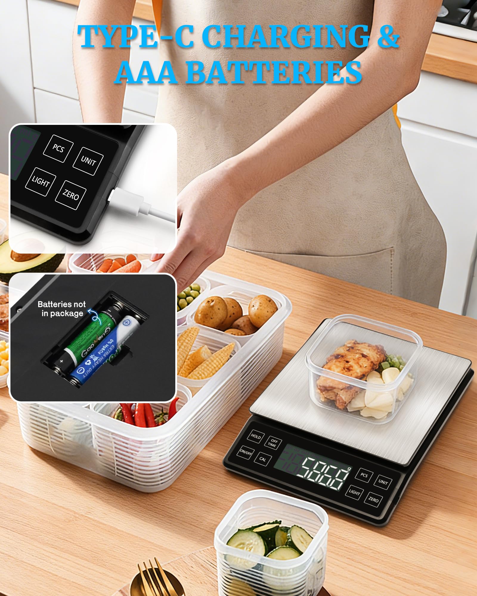 NEXT-SHINE Food Kitchen Scale 11lb/5kg, 0.1g High Precision & Type-C Rechargeable Digital Scale, Large Stainless Steel Platform with Backlit LCD for Baking, Cooking, Meal Prep (9 Units, Tray Included)