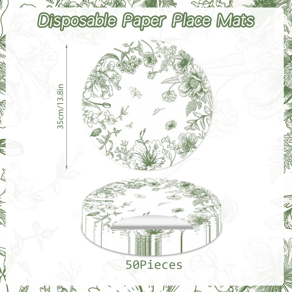 50 Pack Paper Placemats Disposable Green Floral Placemats 13.7 Inch Vintage Sage Green Flower Place Mats Chinoiserie Round Table Mats for Dinner Table Setting Birthday Wedding Party Supplies