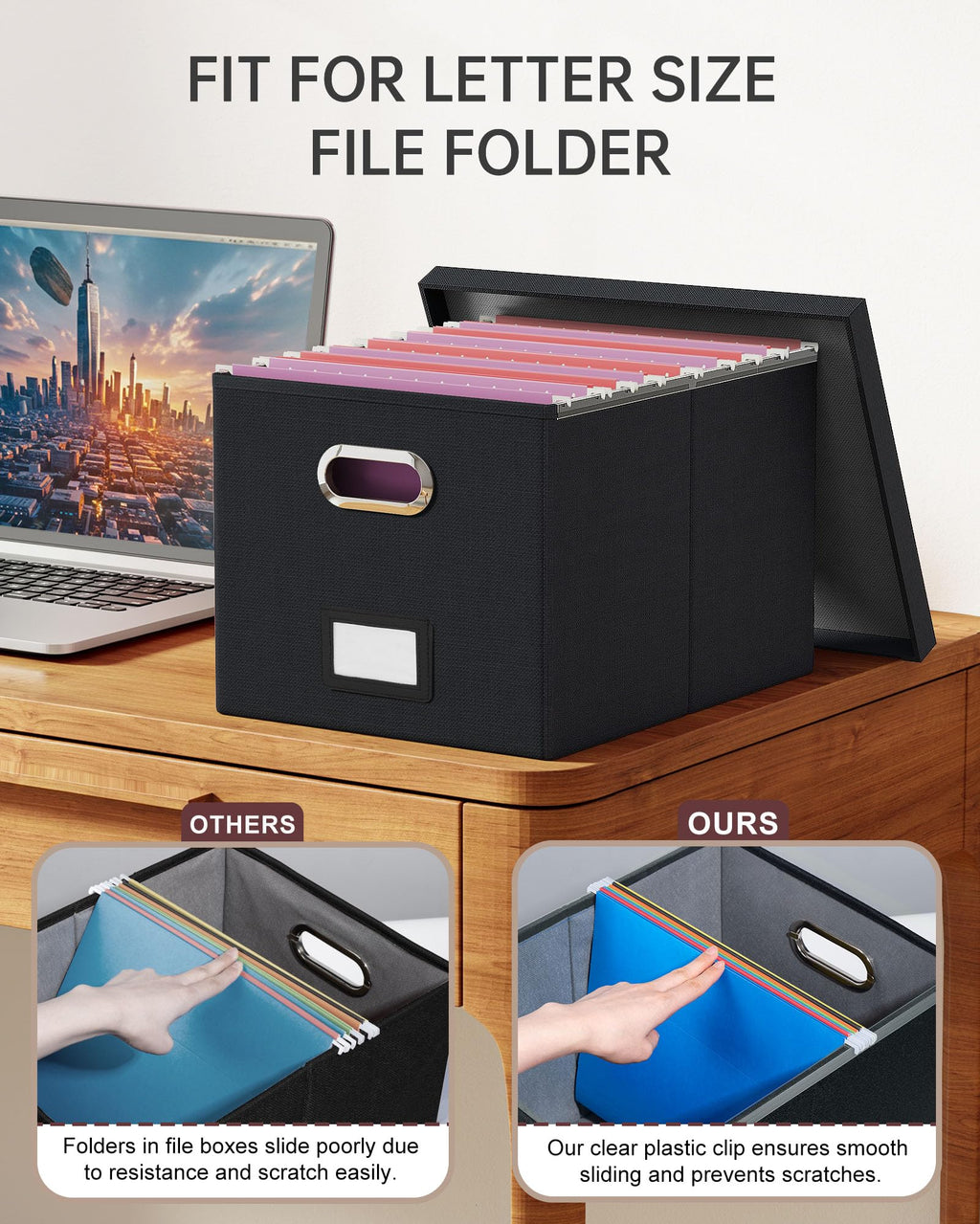 Oterri File Box with Lid & Handle, Letter Legal Size Filing Box, File Organizer for Hanging File Folders, File Folder Organizer Storage Bin for Home Office School (1 Pack, Black)