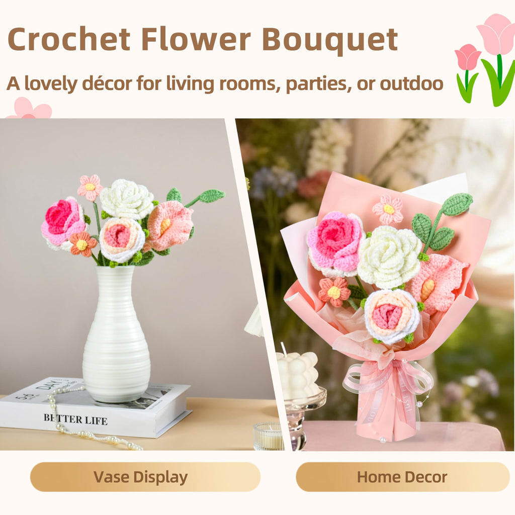 MengxFly Crochet Flower Bouquet Pink, Handmade Crochet Flowers Bouquet, Knitted Floral Gift for Her, Mothers Day Birthday for Women Wife Mom Girlfriend with Gift Box Bag and Card