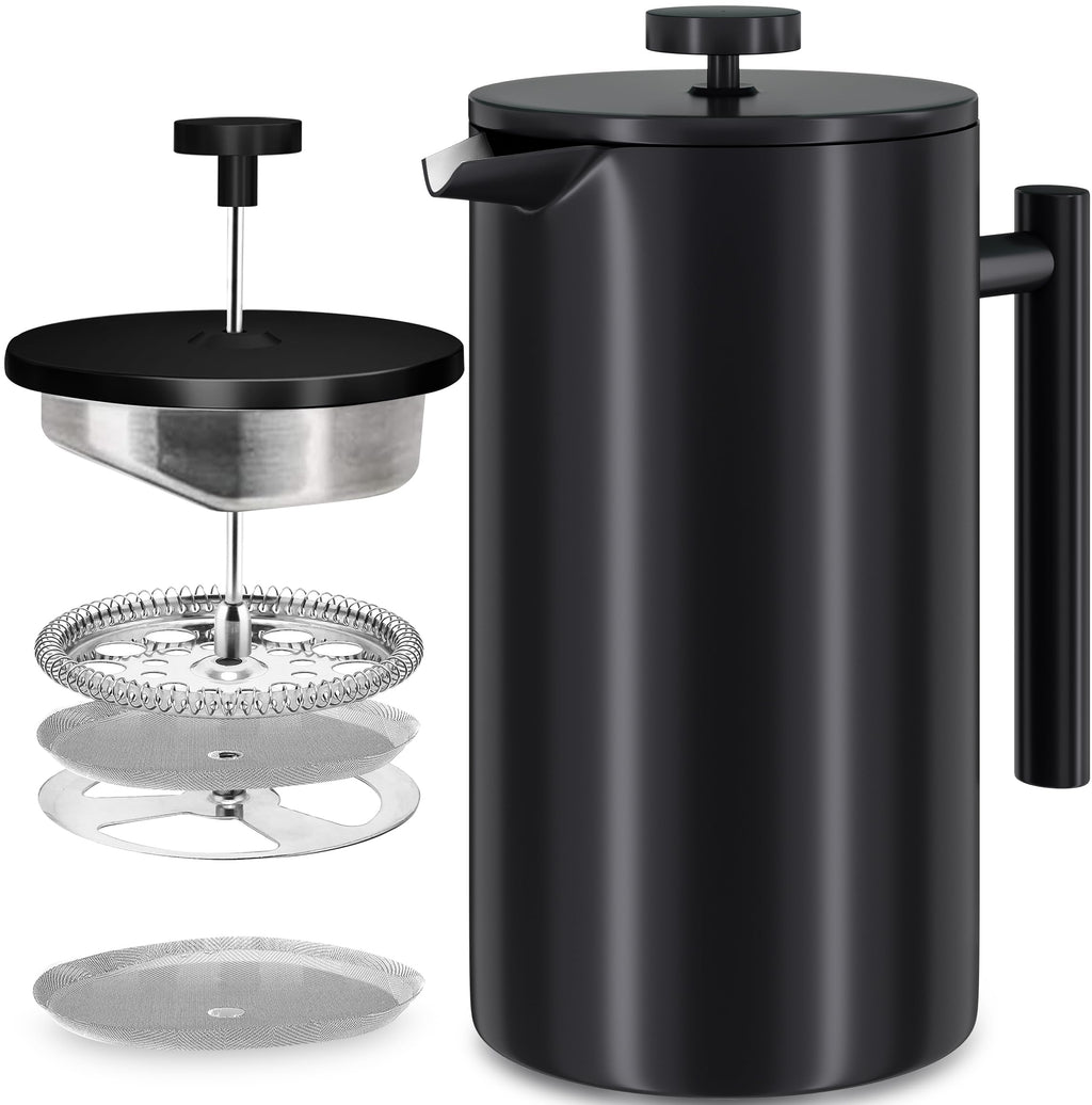 KICHLY - 50 OZ French Press, Stainless Steel Double Walled Insulated Coffee Press with Refined Filters, Espresso and Tea Maker - Black