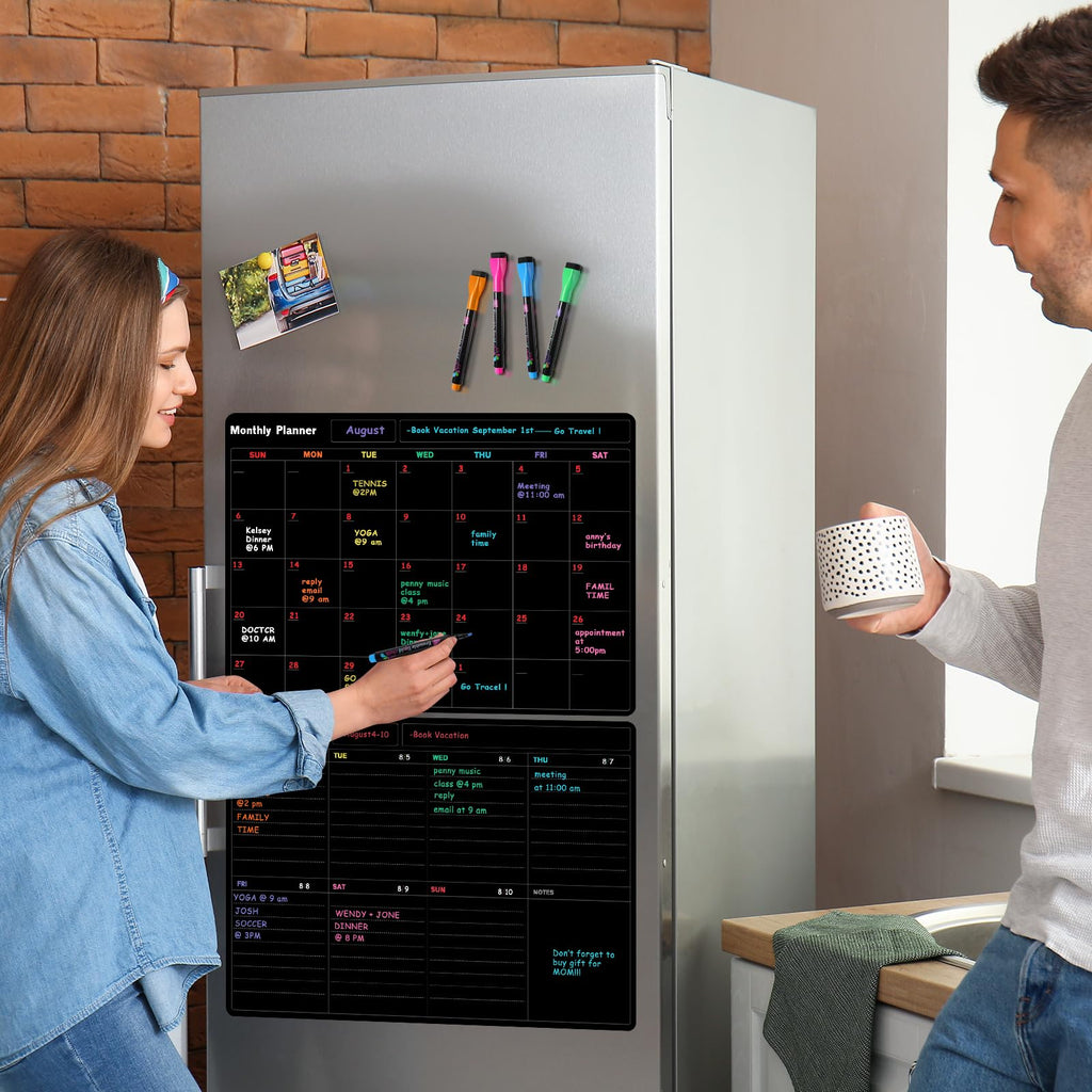 Fridge Black Whiteboard Calendar Set (3-Pack) - Magnetic Weekly Board, Refrigerator Planner Calendar, List and 6 Markers - Reward Chore Chart for Kids, Teens, Adults, Family