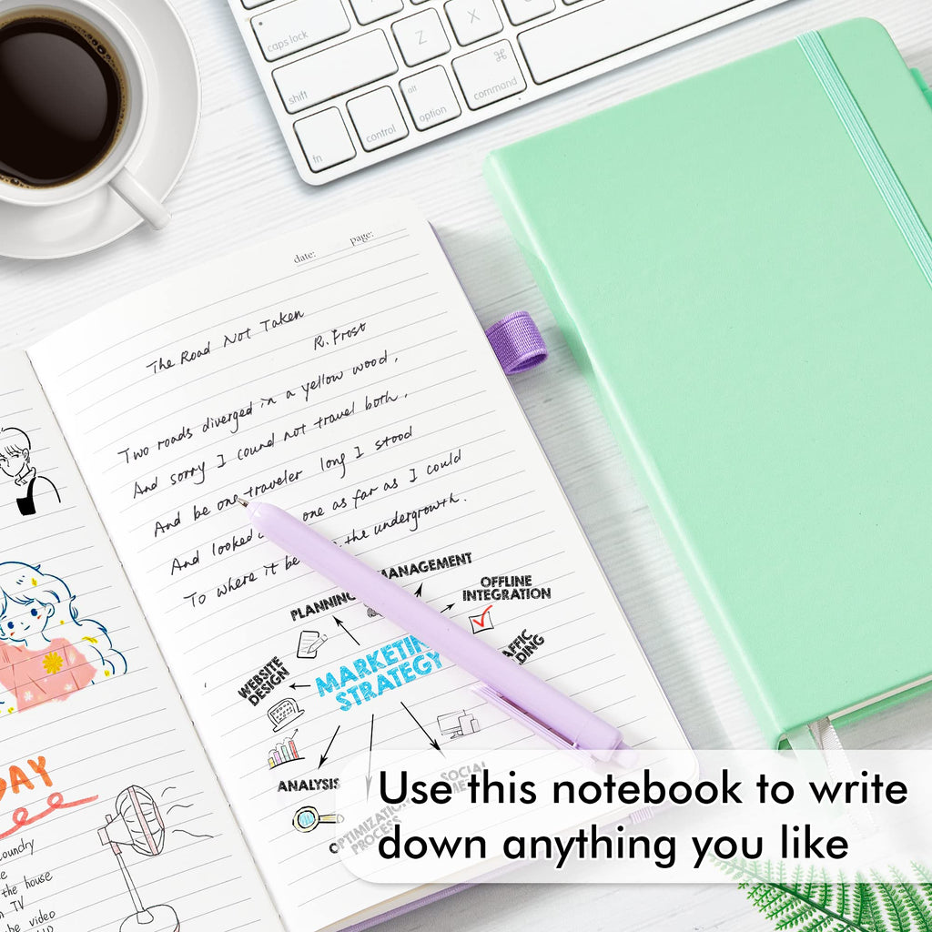 feela Hardcover Notebook For Work, Classic Ruled Lined Journal Set School Business Supplies, with 3 Black Pens, 120 GSM, 5.1”x8.3”, 3 Pack, A5, Pastel Colors, Light Blue, Light Purple, Light Green