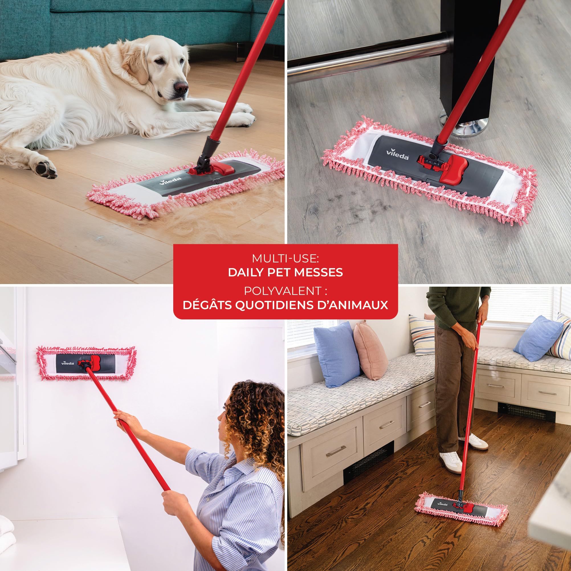 Vileda Pet Pro Microfiber Hair & Dust Mop | Flat dust mop | Three times more pet hair removal | Extra large trapezoid mop head | 100% Microfiber | Multi surface dry usage | Reusable & machine washable