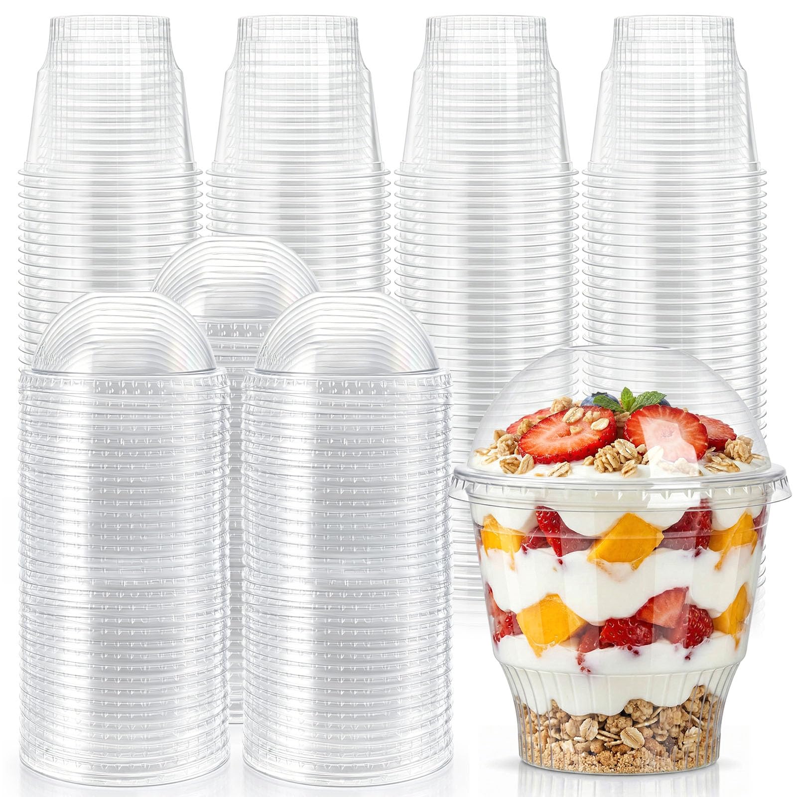 Lyellfe 100 Pack Dessert Cups with Dome Lids, 12 Oz Clear Plastic Cups, BPA Free Reusable Parfait Ice Cream Snack Cups for Pudding, Fruit, Cupcake, Iced Cold Drinks
